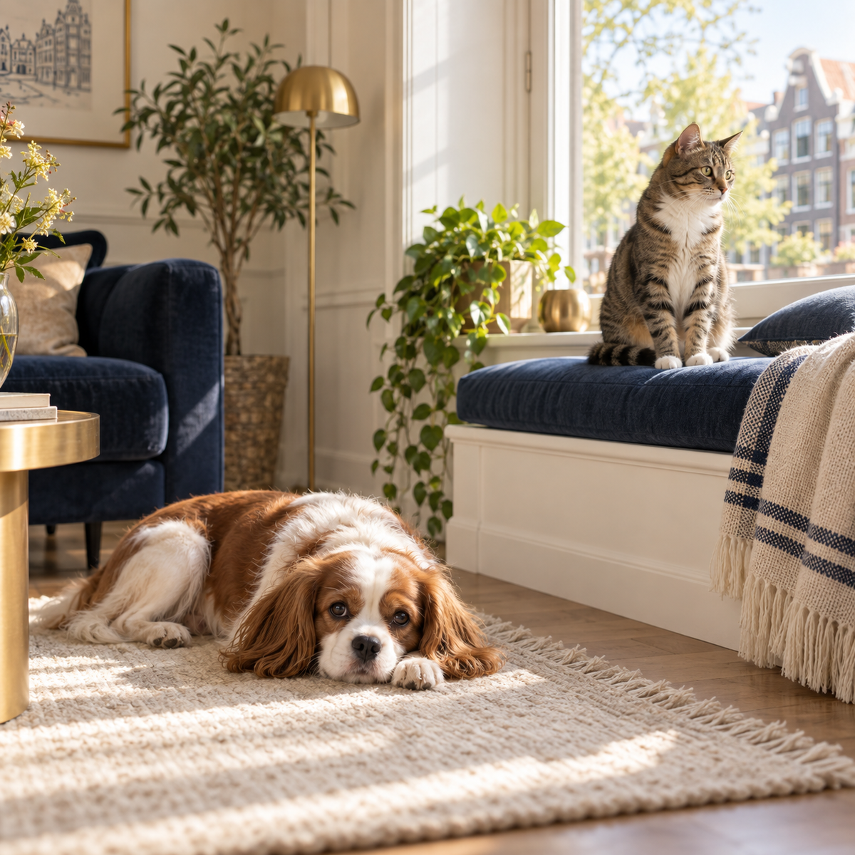 Dog resting on a rug and cat by a sunny window